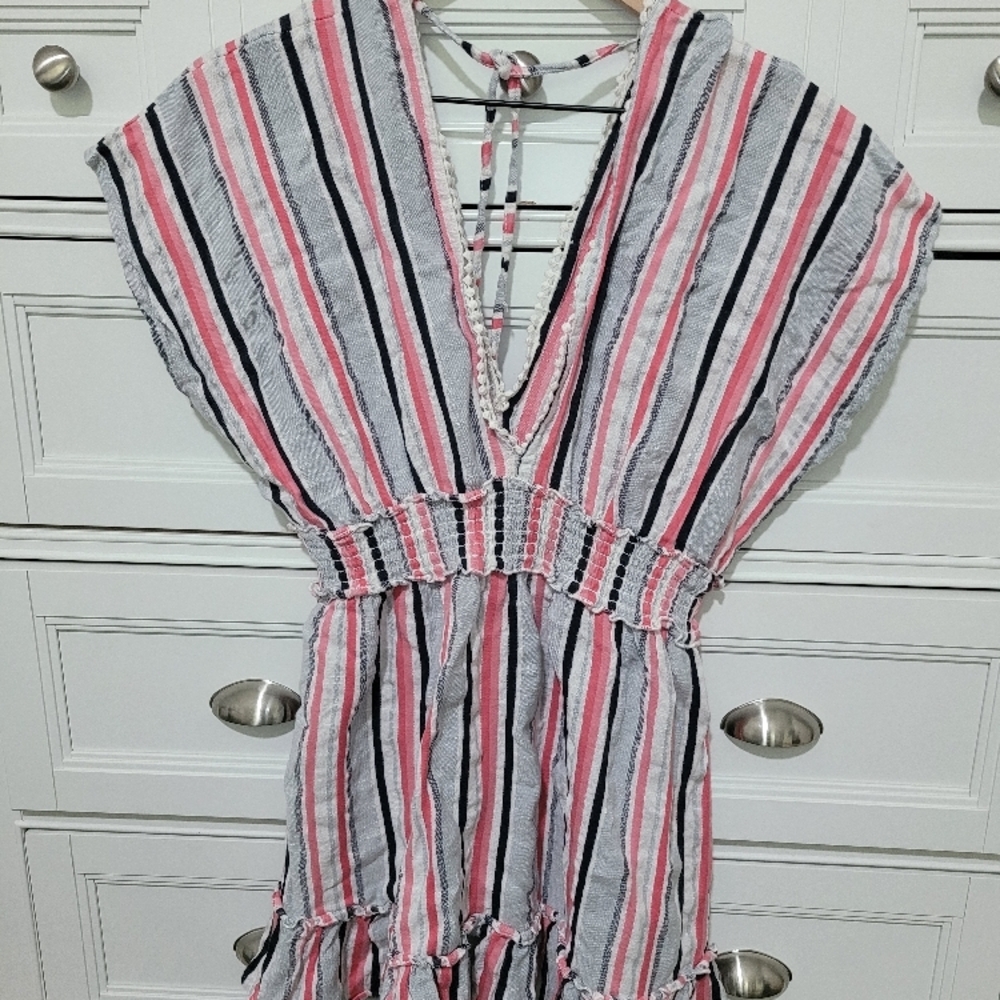 Striped Swim Coverup In Pink, Black, and White
